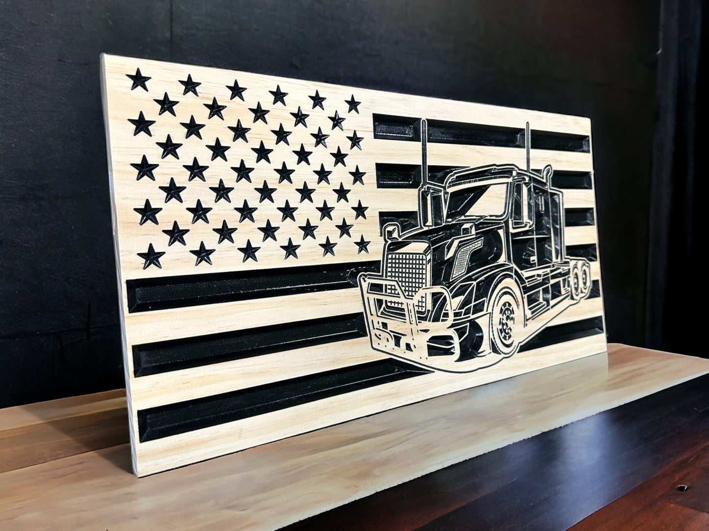 Semi Truck Wood Flag | America Wooden Flag With Truck | Trucker Gifts | America Flag Made In Texas